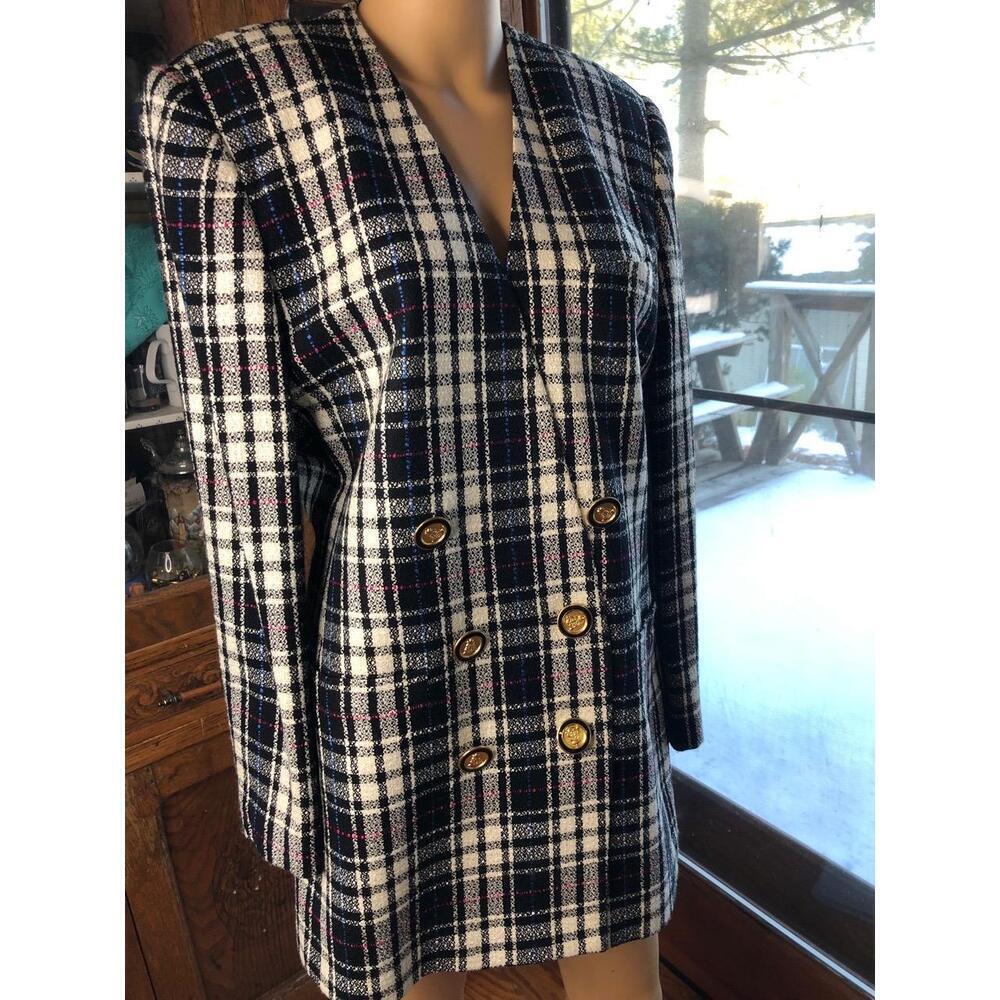Worthington Plaid Double-Breasted Blazer Gold Buttons Womens Jacket Size 12